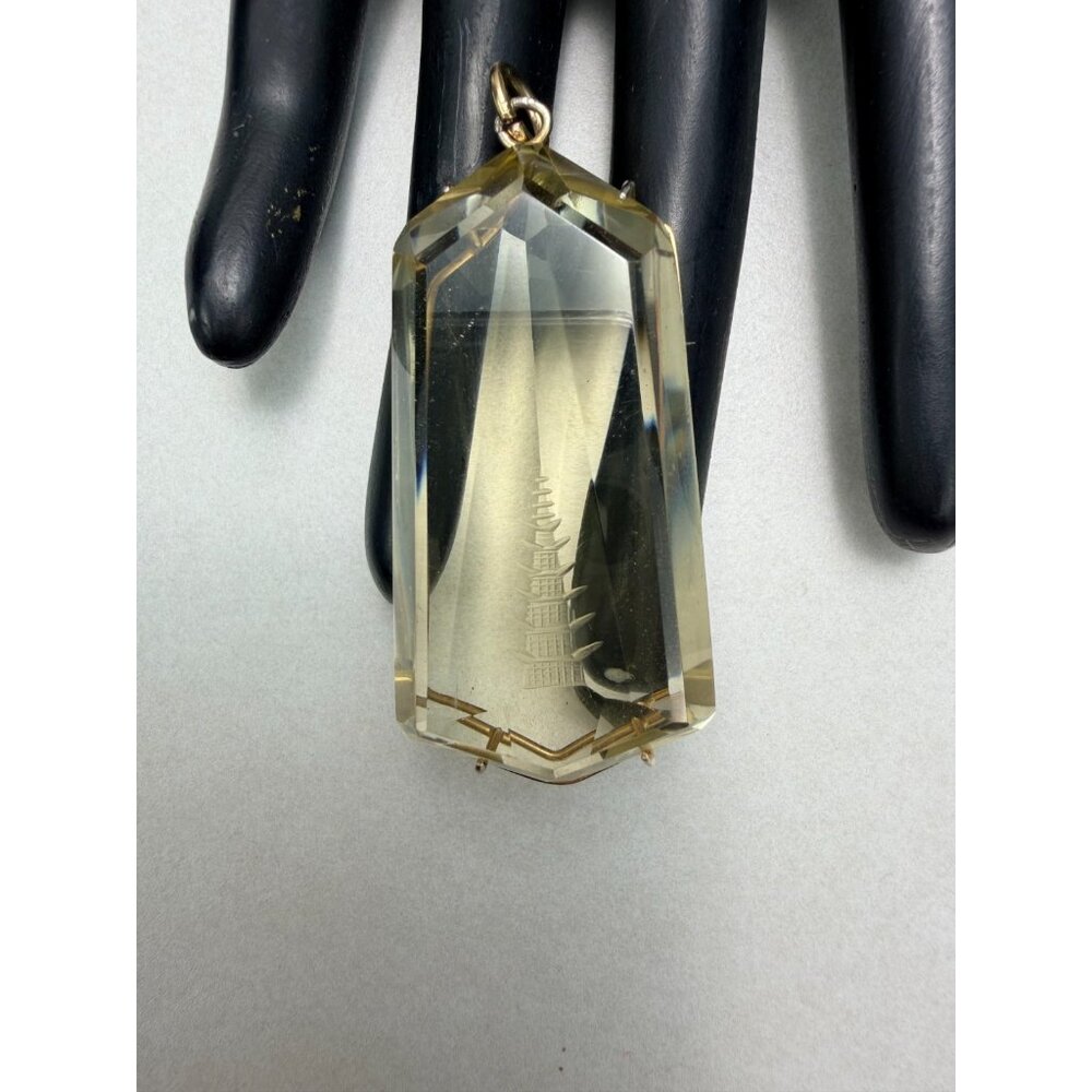 Vintage Faceted Citrine Pendant Engraved Pagoda Asian Motif Gold Tone Setting